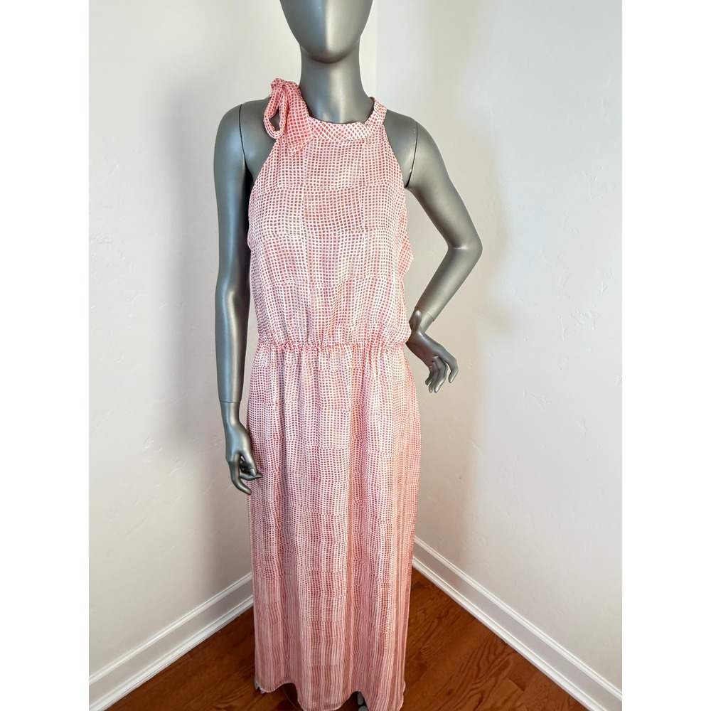 Banana Republic Orange Geo Bow Neck Halter Pleated Silk Feel Maxi Dress Size M - Picture 7 of 11